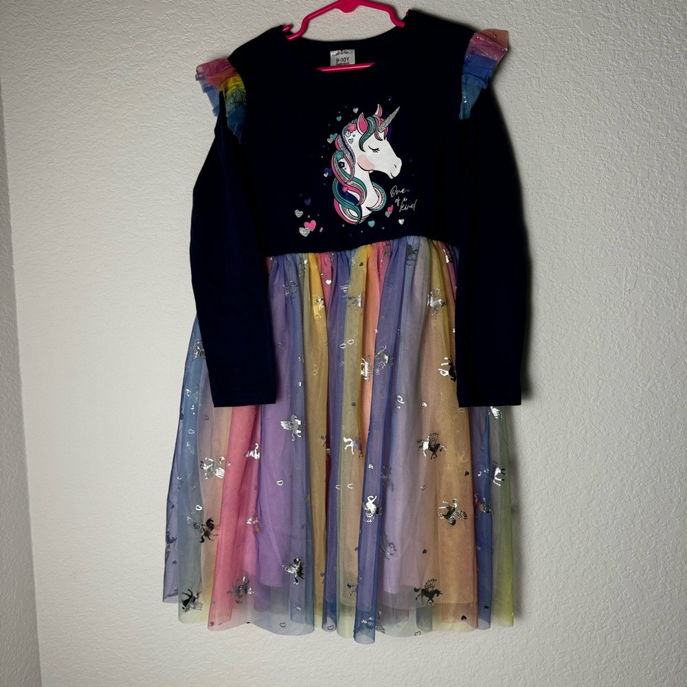 Girls Blue Rainbow Unicorn Long Sleeve Dress Ruffled Sleeve, Dress Up, Size 9/10